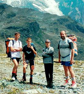 Dario Mosconi with his father Alessandro; his friend Saverio and Saverio's father Giovanni during a mountain trek